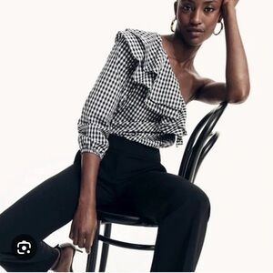 J. Crew Gingham Plaid One-Shoulder feminine Ruffle Top Americana side zip 12